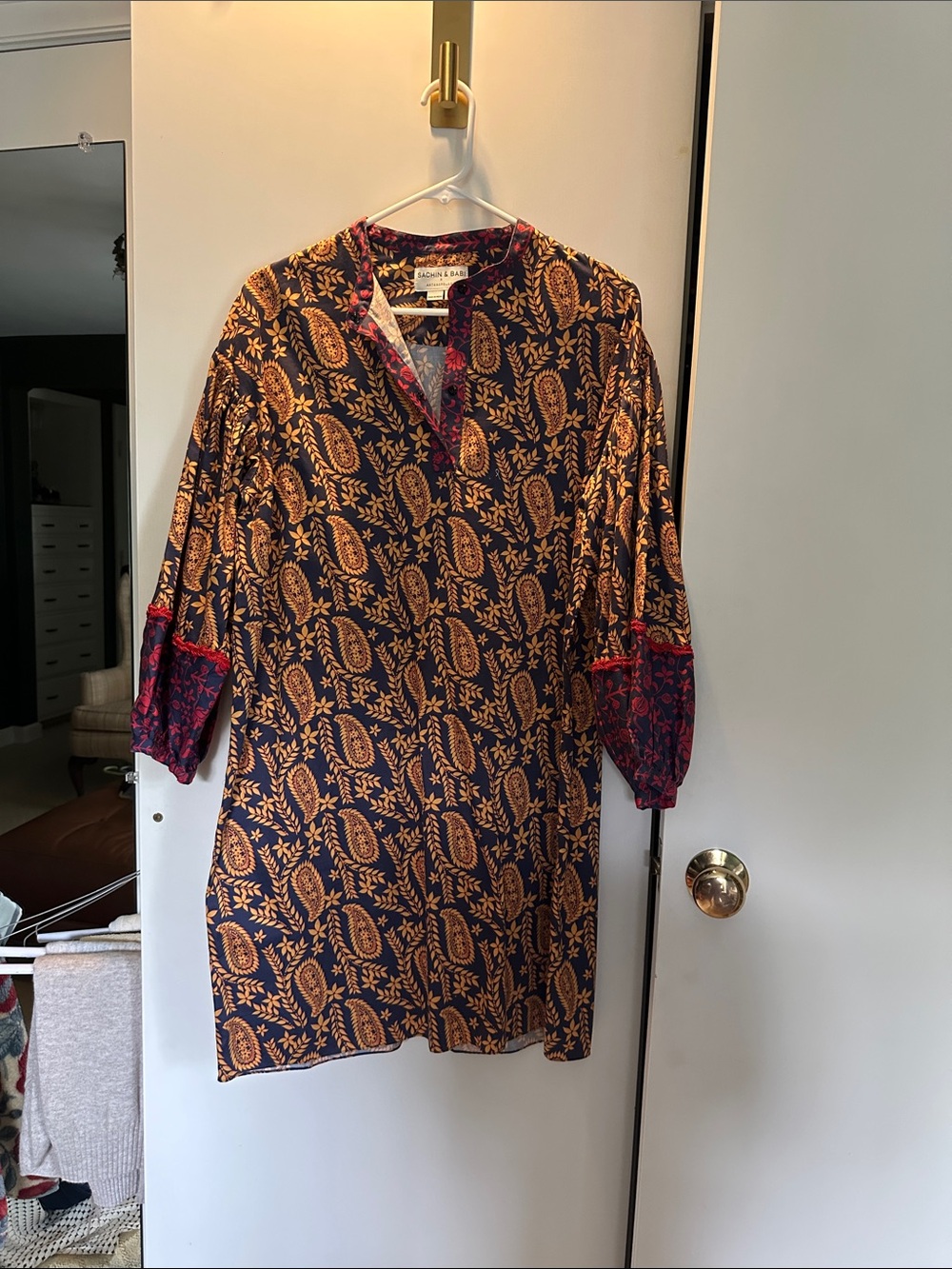 Sachin + Babi Navy and Rust Paisley Long Sleeve Tunic Dress